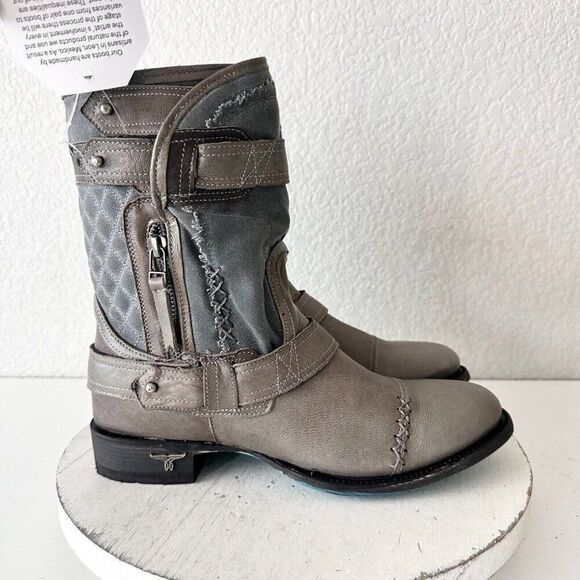 Lane Boots Women’s Gray Leather Canvas Mid-Calf Western Moto Style Zip Size 8.5 - Picture 2 of 13